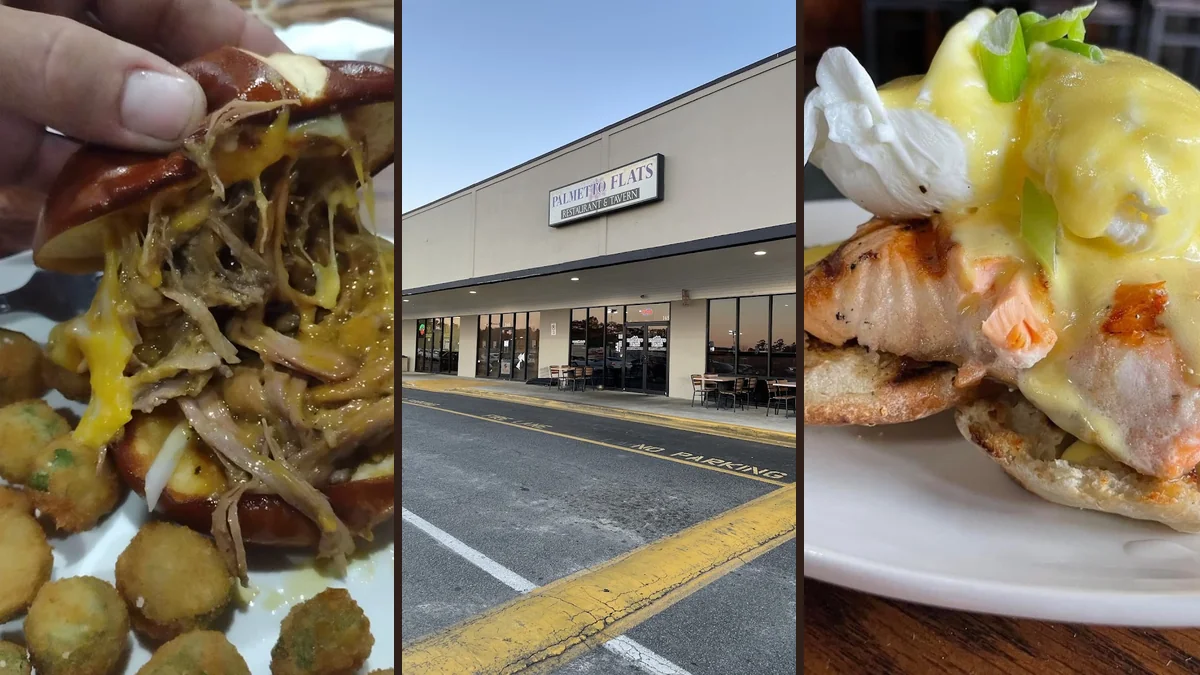 Plated Southern dishes on a casual restaurant table.